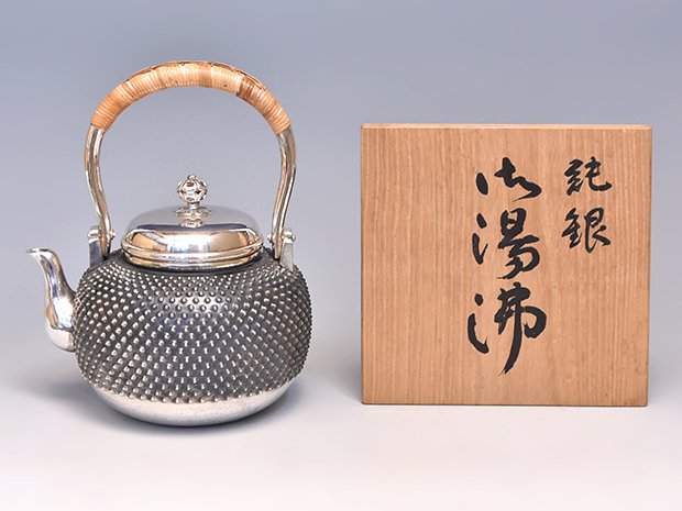 純銀製 蔵六 湯沸 貴石摘 銀瓶 箱付 古美術品 純銀保証 湯沸 やかん