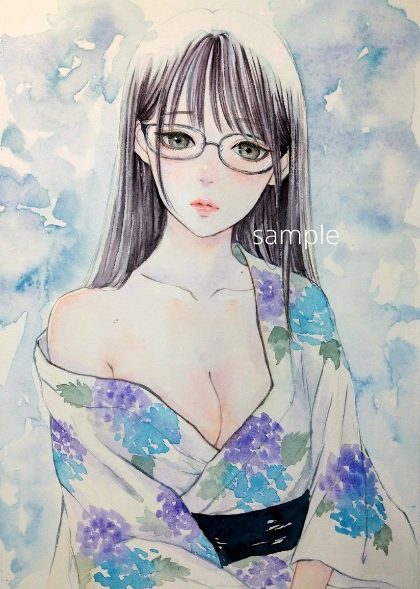 肉筆原画 水彩画 美人画 浴衣 和装 紫陽花 オリジナル 手描きイラスト 絵画