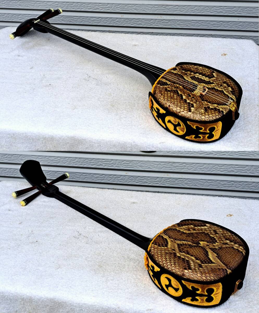 沖縄三味線 和楽器 琉球 三味線 三線 蛇革 蛇柄 蛇 革 弦楽器 美品】