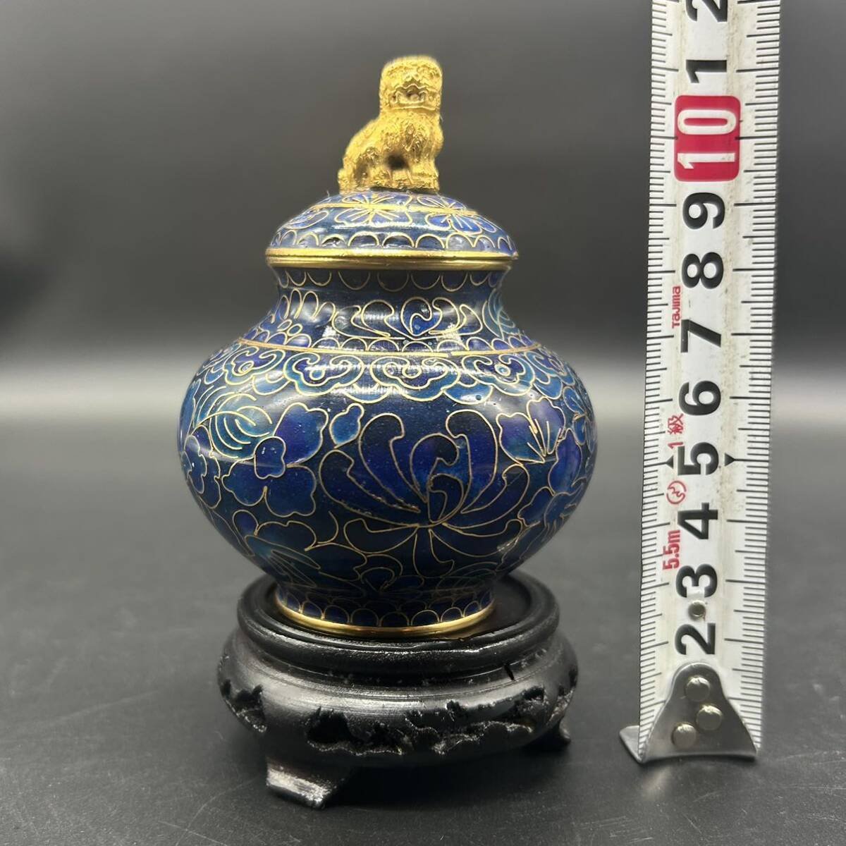 842 中国 景泰藍 古七宝琺瑯彩 花文 獅子摘蓋物 1対 842 中国 景泰藍