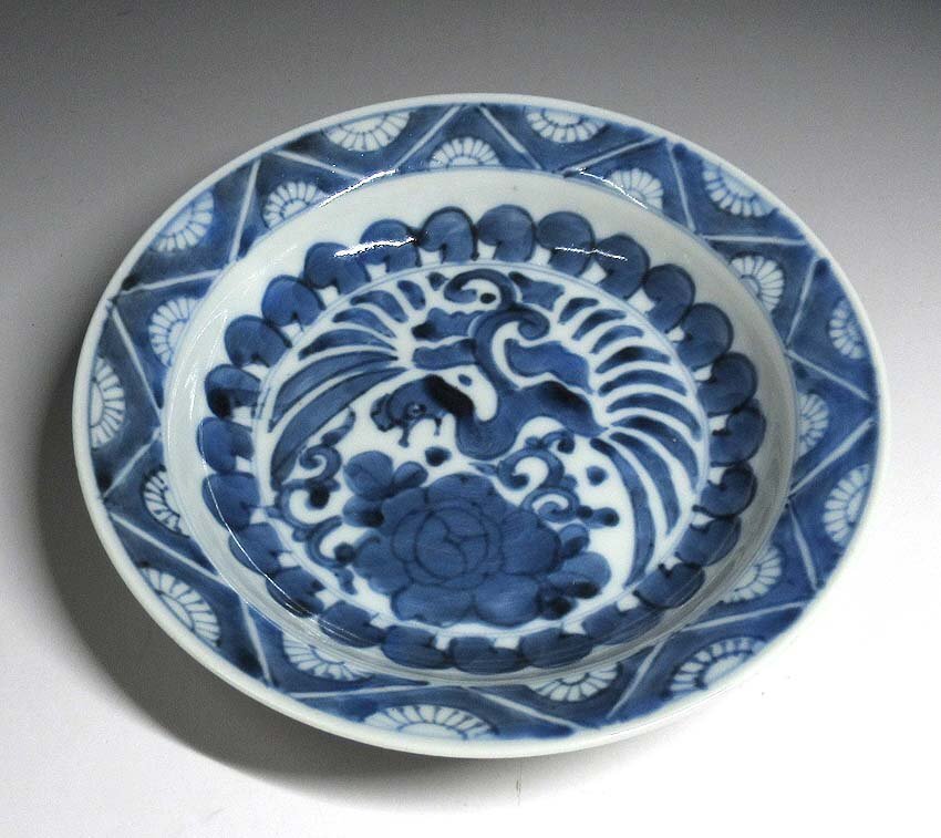 ⭐中国明時代 古陶磁 筆洗 古美術品 染付 鳳凰文 桃形 変形皿 古玩