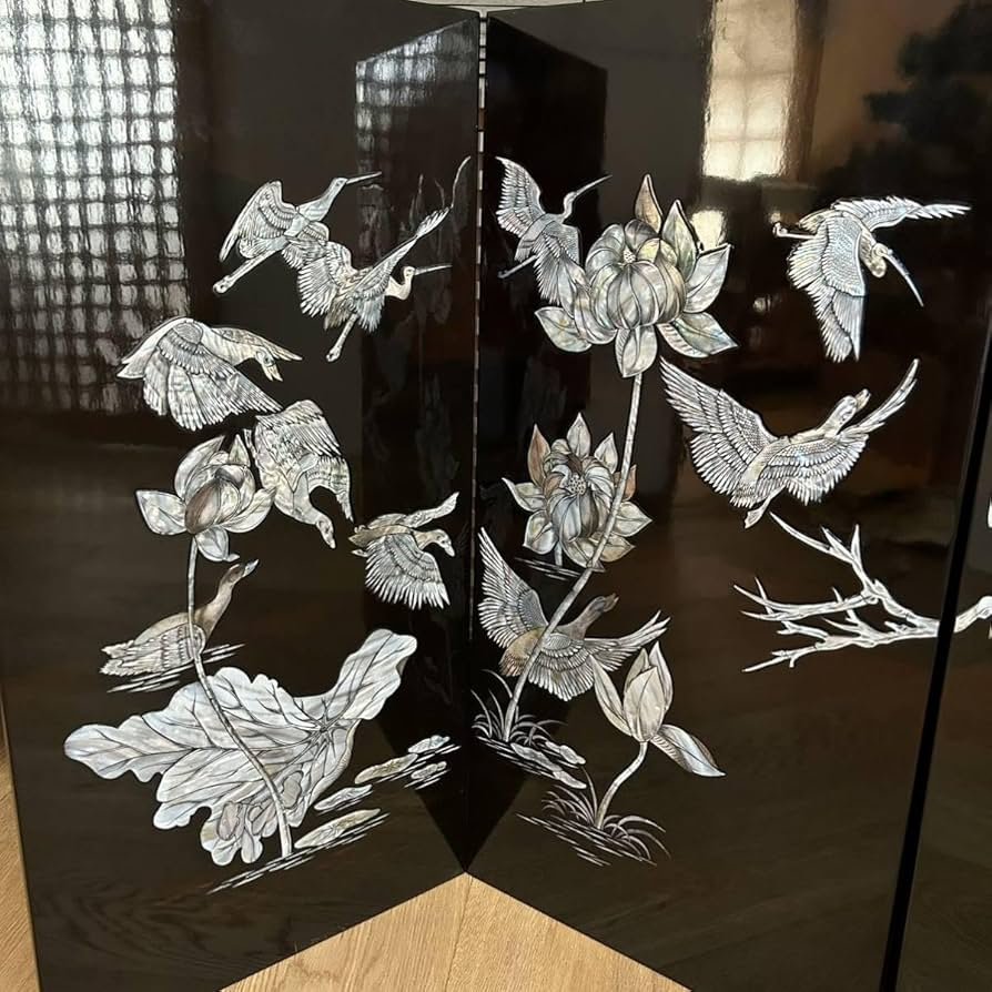 Amazon｜衝立 金屏風 漆塗り螺鈿細工 4曲1双 鶴 蓮の花 品 骨董品