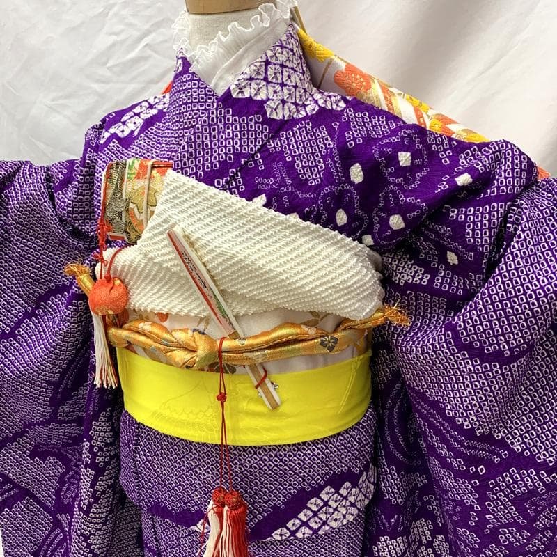506ag40□七五三 七歳 女児 着物&袋帯 総絞り 金駒刺繍 紫□良好